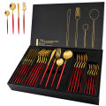 24pcs Luxury Stainless Steel Red And Golden Cutlery Set Fork Spoon And Knife Dinnerware. 