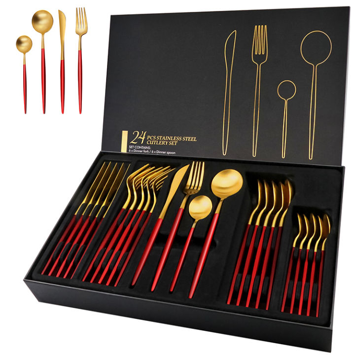 24pcs%20Luxury%20Stainless%20Steel%20Red%20And%20Golden%20Cutlery%20Set%20Fork%20Spoon%20And%20Knife%20Dinnerware%20-%20Image%206