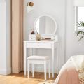 Industrial Style Dressing Table Set with Round Mirror, Padded Stool, and 5 Drawers - Elegant Wooden Dresser with Tufted Stool for a Stylish and Functional Makeup Haven. 