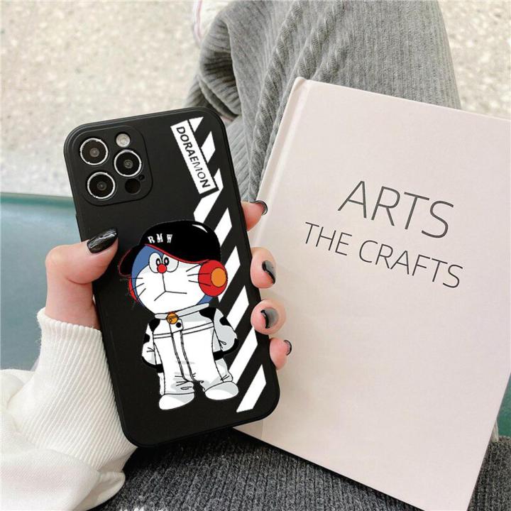 Cartoon Doraemon Off Cat Shockproof Phone Case For iPhone 13 12 11 Pro 14 XS Max XR 7 8 Plus White Stripes Protective Soft Cover