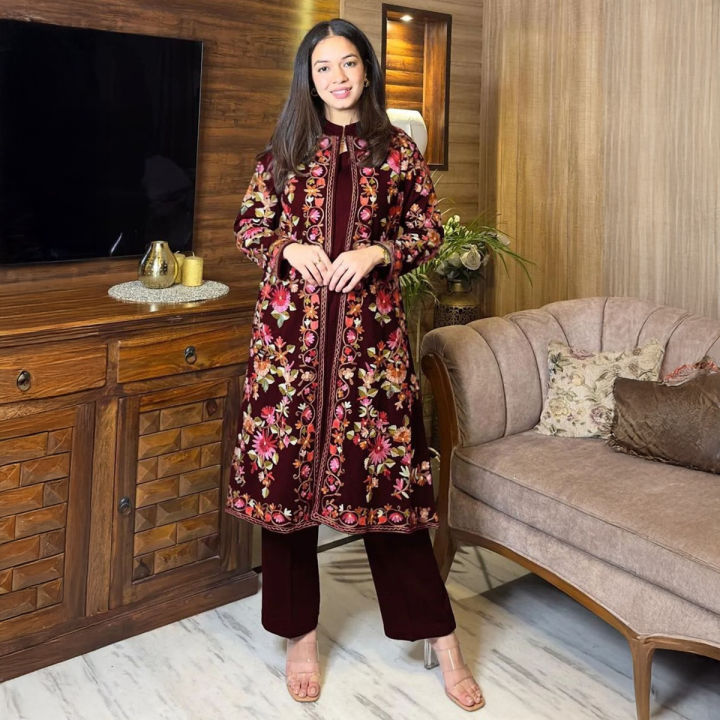 Women's Royal Embroidered 3-Piece Coat Set Inner, Trouser and Stylish Party Wear