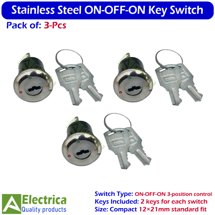 3pcs Stainless Steel Electronic Key Switch ON-OFF-ON Power Control Lock 12×21mm 3 Pin with 2 Keys for DIY & Security by Electrica