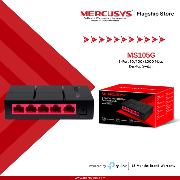 Mercusys Network Gigabit Switch 5 Port MS105G 5-Port 10/100/1,000 Mbps Desktop Switch - 18 Months Brand Warranty