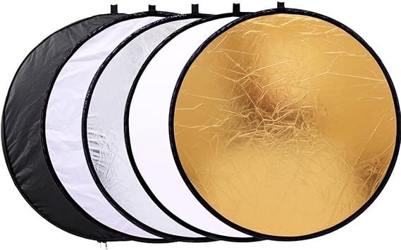Photography with the 43"/110cm 5-in-1 Collapsible Light Reflector - Multi-Disc Round Kit with Bag, Featuring Translucent, Gold, Silver, Black, and White Surfaces for Versatile Studio and Outdoor Lighting