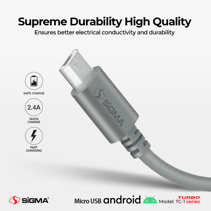 Sigma Turbo Series TC-1 Micro USB Auto Disconnect Fast Charging Data Cable for Android Mobile Phones Pure Copper Wire Quick Charging Cable