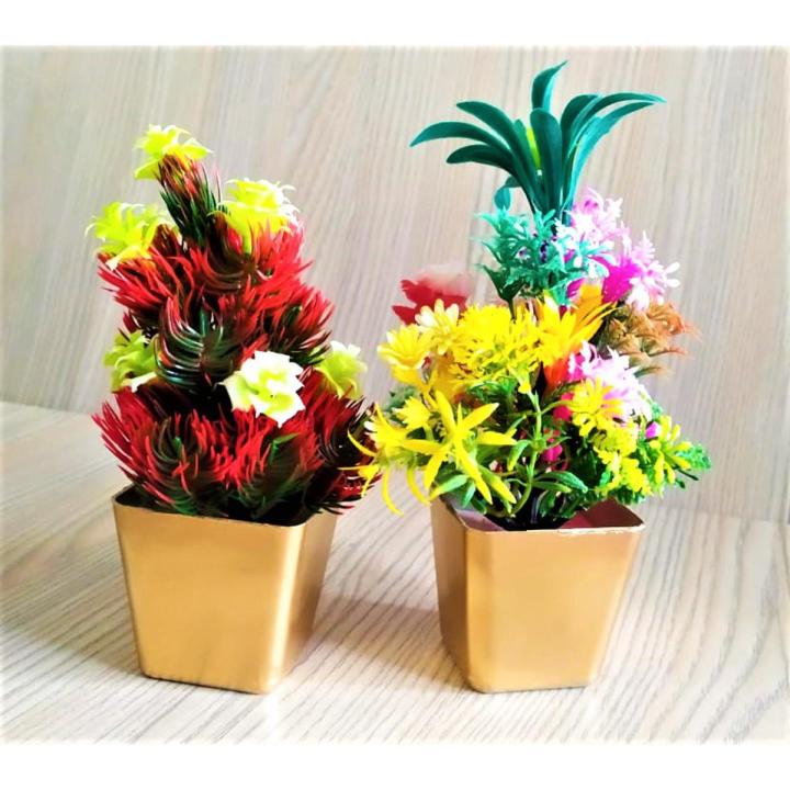 Artificial%20Flower%20Pots%20Set%20of%202%20-%20Golden%20&%20White%20Elegant%20Small%20Table%20Vase,%20Decorative%20Flowers%20&%20Leaves%20for%20Home%20and%20Office%20Decoration,%2010%20Inches%20-%20Image%203