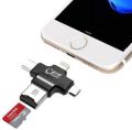 Multiple USB Card Reader, 4 in 1 Micro SD Card Reader with Type C USB Connector OTG HUB Adapter, Lightning connector, TF Flash Memory Card Readers For  iOS, Android USB2.0, Windows Black. 