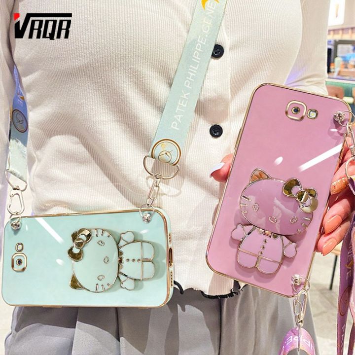 VRQR 3D Folding Bracket Case For Samsung j7 Prime Back Cover Cute mirror Cat Phone Cover With Long lanyard Samsung J5 Prime j6 j5 Plus