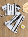 Girls Casual Two-piece Pants Suit, White Tie-dyed Print T-shirt and Bell Bottom Trousers, 1-6 Years. 