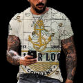 2022 Men's Summer Personality Youth World Map 3D Printing Ocean Anchor O Neck Short Sleeve T-Shirt. 