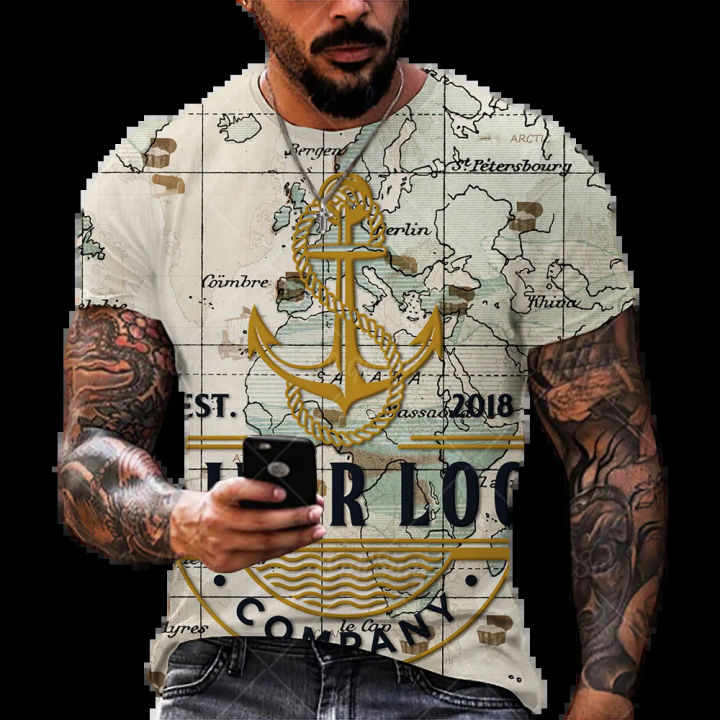 2022 Men's Summer Personality Youth World Map 3D Printing Ocean Anchor O Neck Short Sleeve T-Shirt