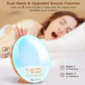 COULAX Wake Up Light Wood Grain Sunrise Alarm, Radio Clock Sunset Simulation Night Light with FM Radio, Snooze Function and Atmosphere Lamp Light Function. 