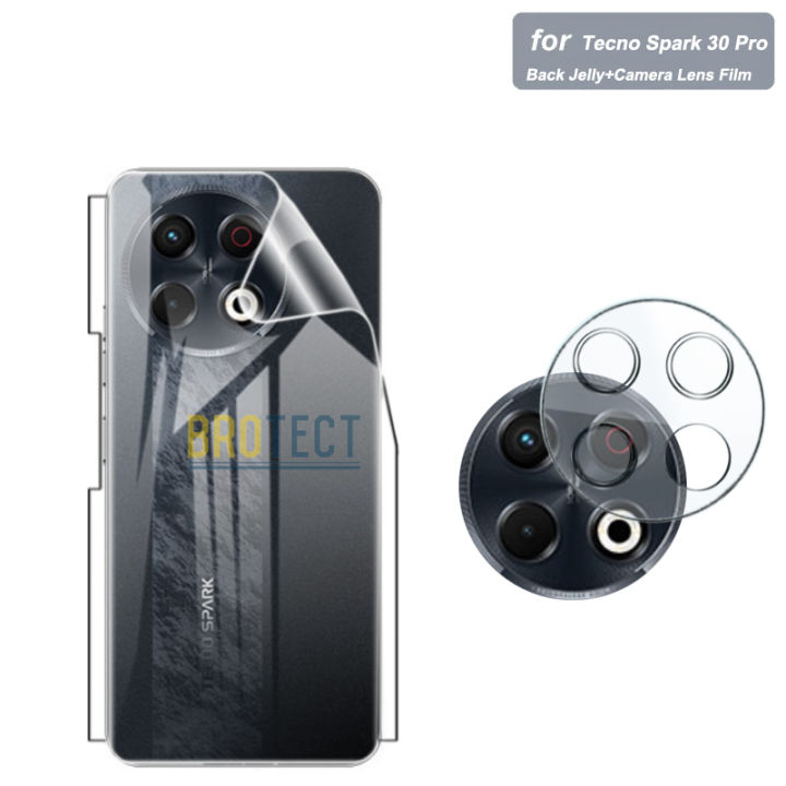 2 in 1 Tecno Spark 30 Pro Back Jelly Protector + Camera Lens Protector 9H Soft nano Unbreakable film & Vinyl soft skin sheet wrap lamination paper Edge to Edge Protector For tecno spark30 pro - Transparent