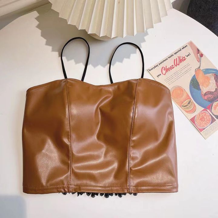 Camisoles%20Tanks%20Sexy%20Bare%20Midriff%20PU%20Leather%20Halter%20Crop%20Tops%20Women%20with%20Bra%20Pad%20Spaghetti%20Strap%20Tank%20Top%20Camis%20Female%20Sleeveless%20Cropped%20Vest%20-%20Image%203