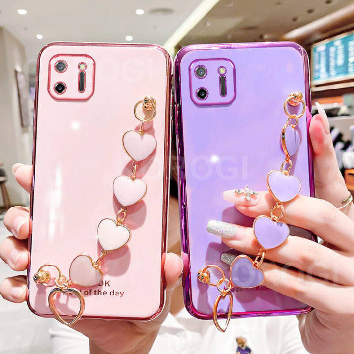 For Realme C11 Back Cover with 3D Love Heart Wristband Chain Fashion Bracelet Shiny Plating Phone Case Soft Silicone Bumper Protective Cover