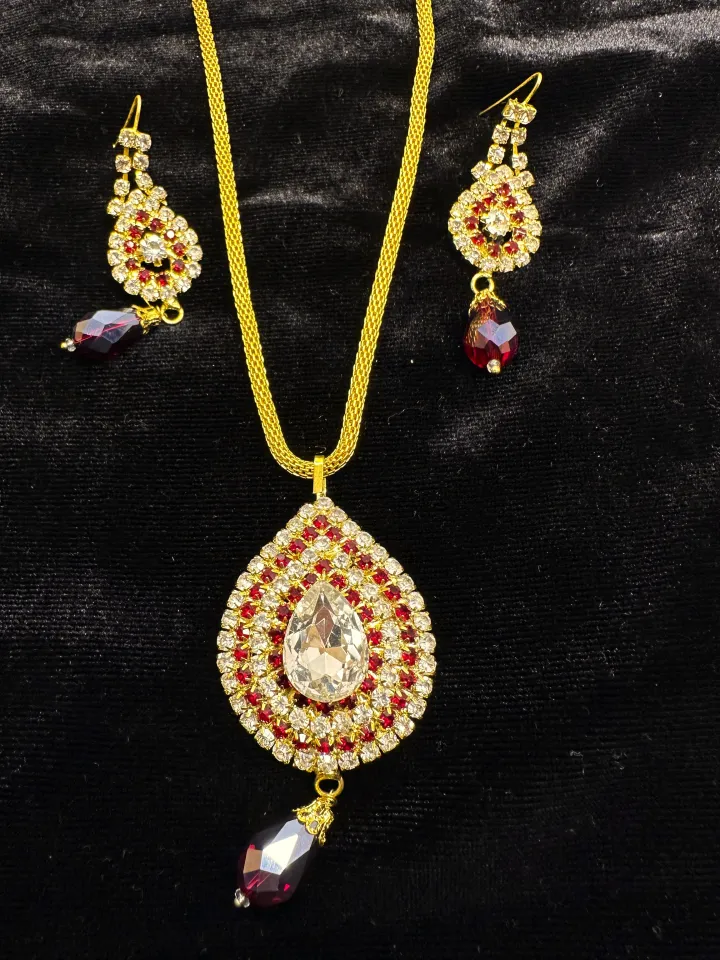 One Carat Gold Royal Necklace Set Maroon Artificial Gold Crystal