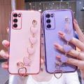 For OPPO A16 Back Cover with Love Heart Chain Wrist Strap Fashion Bracelet Shiny Plating Bumper Protective Case Silicone Shockproof Mobile Phone Cases. 