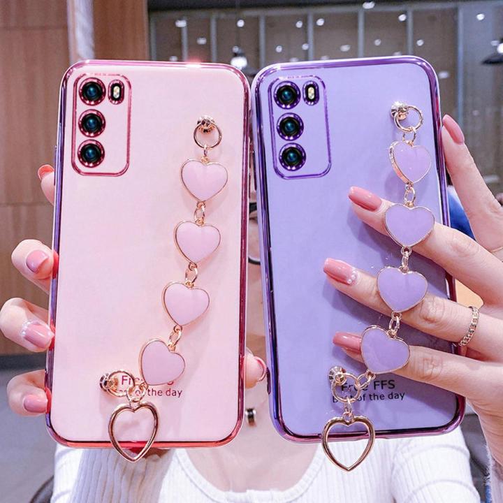 For OPPO A16 Back Cover with Love Heart Chain Wrist Strap Fashion Bracelet Shiny Plating Bumper Protective Case Silicone Shockproof Mobile Phone Cases