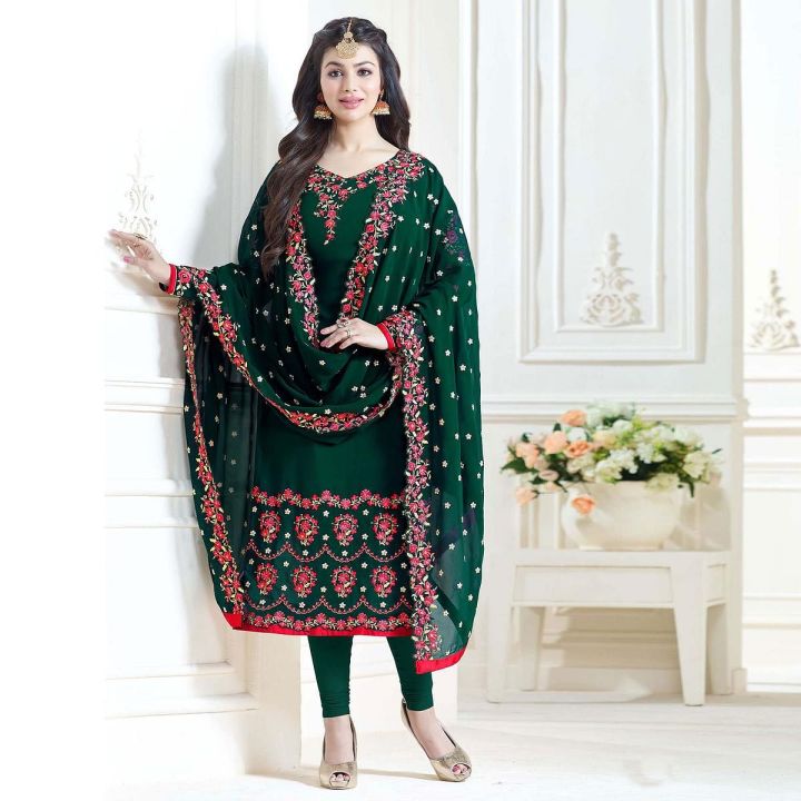3Pc Chiffon Embroidered Unstitched Shalwar Kameez For Ladies Green SM-03