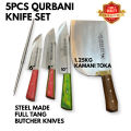 5 PCS QURBANI KNIFE SET FOR EID UI ADHA- PROFESSIONAL BUTCHER USE STEEL MADE KNIVES AND 1.25KG KAMANI TOKA- BEST FOR HOUSE USE AND PROFESSIONAL BUTCHER USE- TOKA WITH HEGH DURABILITY FOR BONE CUTTING AND PROFESSIONAL BUTCHER KNIVES. 