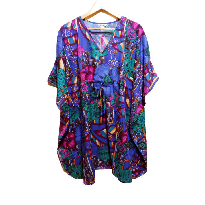 Printed V-Neck Short Drawstring Microfiber Tunic Shirt for Women