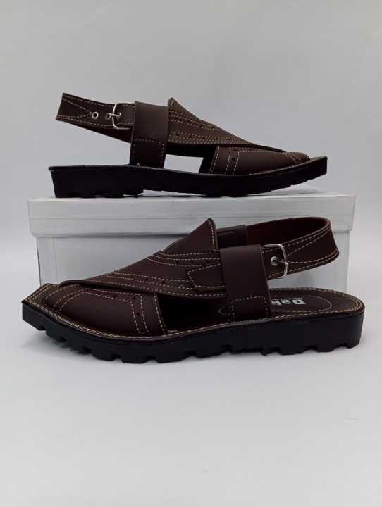 UStylish BrownThreadwork Pattern Thick Peshawari Sandal For Men