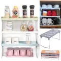 Set of 3 Stack up shelf space saver plastic racks Folding Kitchen cupboard Organizer Cabinet Shelves with steal legs foldable Stand Jar Rack Storage Support 1 Tier Kitchen Pantry cups glass Organizer. 