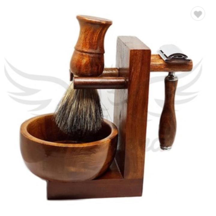 Men's Shaving Set,4 in 1 Synthetic Hair Shaving Brush With Solid Wood Handle Shaving Bowl And Shaving Stand Kit Perfect for Men Gift