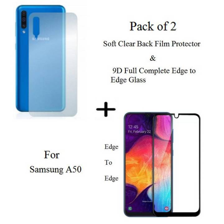 Samsung Galaxy A50 Full Black 9D5D6D10D11D21D Tempered Glass Screen Protector Full Glue Edge To Edge + Back Clear Jelly Protector Soft Film Protection Hydrogel Film Protector For Samsung Galaxy A50