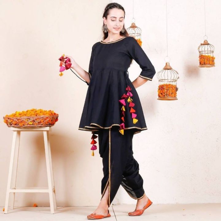 Cheera Black Dhoti Peplum Top Set With Multicolour Tassels