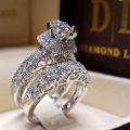 Classic 2 PCS/SET Cute Crystal White Round Ring Set For Women Luxury Engagement Ring Vintage Bridal Wedding Jewelry Art-WR004. 