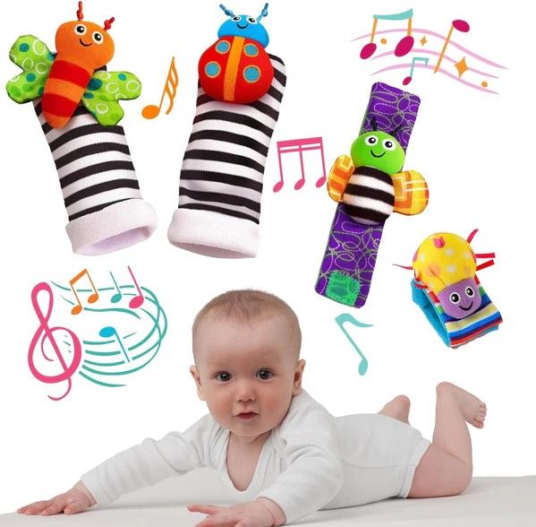 4 Pcs Baby Rattle Set Toys Infant Wrist Strap Baby Socks Foot Finder Educational Handbells Cute Spider Cartoon