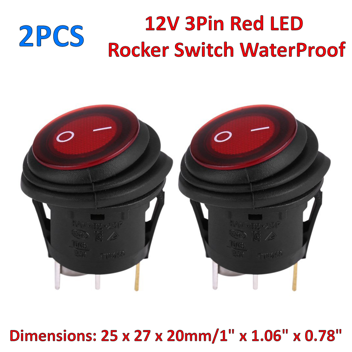2PCS 12V 3Pin Red LED Rocker Switches, Round Button Rocker Toggle ...