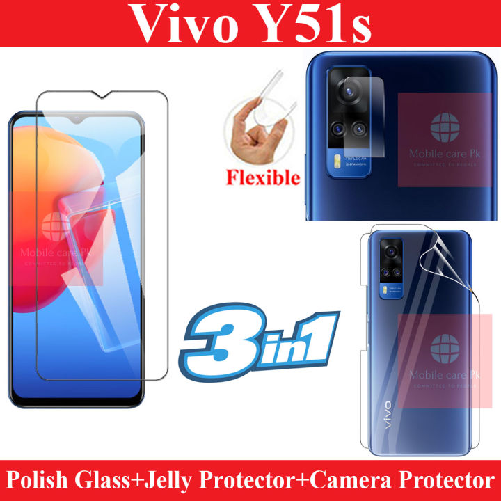 Vivo Y51s Glass Protector Polish Screen Tempered + Back Protector Jelly Glossy Protector Skin + Camera Protector Flexible Glass Clear Protector For Vivo Y51s