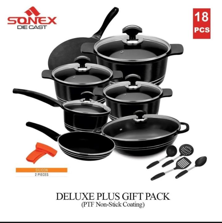 SONEX Deluxe Plus Gift Pack 18 Pieces Die Cast PTF Non Stick Coating with Glass Lid Black