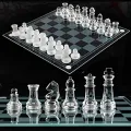LYDJ Glass Chess Game Set Include Frosted/Polished Glass Chess Board and 32 Chess Pieces with Padded Bottom, Crystal Chess Set for Adults and Children Strategy Game,S. 