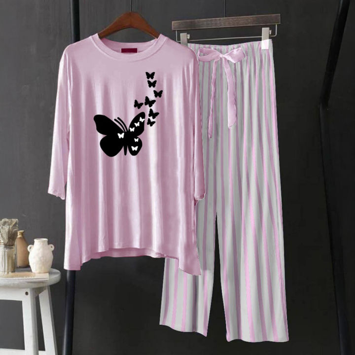 Light Pink Flying Butterfly Women’s Night Suit with Mickey Print and ...