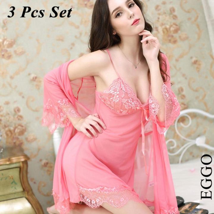 3 Piece Set Night Dress Sleep Wear Satin Smooth Comfortable Night Wear Lace Nightgown With Panty Short Nightwear For Women And Girls Daraz.pk