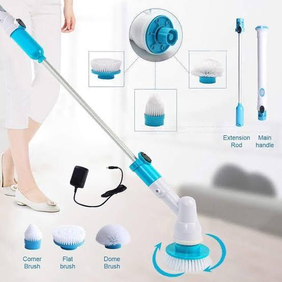 Electric Spin Scrubber,Long Handled Cleaning Brush Electric Chargeable Cleaning Brush Drill Brush Abstract Plastic Electric Spin Scrubber Machine Floor Tiles Cleaner Tool with 3 Replaceable Brushes and Long Extension
