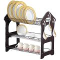 3 tier 3 Layer Dish Rack bartan stand with Antique  wooden panel shelf with 2 plastic tray Antique Dish Drying Rack With 2 Draining Tray For Bowl Cup Plate & Sink accessories for kitchen. 