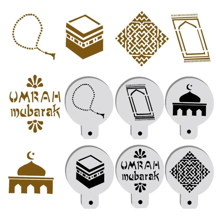 6pcs/set PET Mosque Mubarak Ramadan Design cake stencil , cookie Cappuccino Decorating Mousse Cake Template Tools cupcake decora