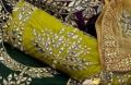 Unstitched Bridal Partywear 3-Piece Suit - Kataan Silk with Mirror Work and Golden Net Dupatta Customized. 