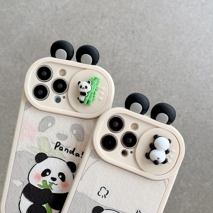 Sroof Case For iPhone 11 12 13 14 15 Pro Max Fashion Simple Cute Animal Panda Bamboo Oval Edge White Airbag Shockproof Silicone Soft Phone Case Back Cover