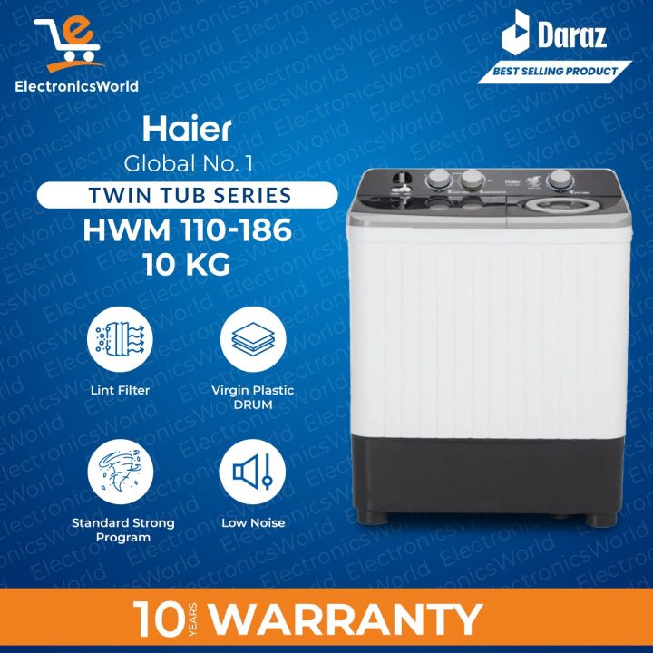 Haier Washing Machine | Model  HWM-110-186 | Twin Tub Semi Automatic |10 KG Washing Capacity | (Wash, Rinse, Spinning Features) With 10 Years WArranty