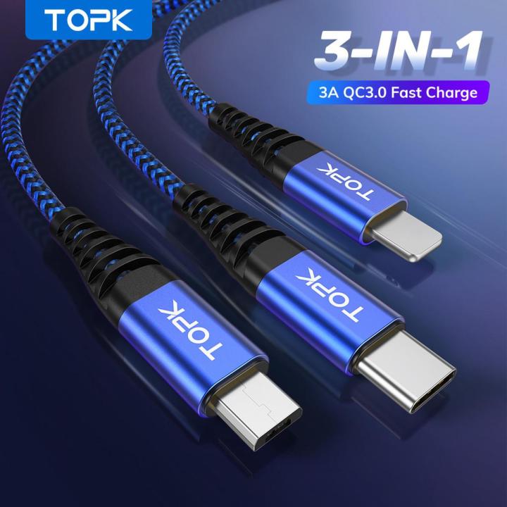 TOPK AN24 3 In 1 Fast Charging Cable Micro USB Type C Cable Multi port USB charging cable