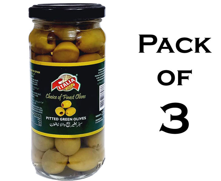 Green Olives by Italia - 235g - Pitted Green Olives / Sabz Bughair Bheej Wala Zaitoon - Imported From Spain - Pack Of 3