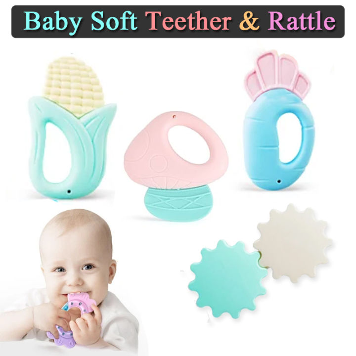 4 Pcs - Baby Soft Silicone Teether & Rattle Infant Toy Set - Baby Hand Holding Rattles Toys - Babies Newborn Series - Sweet Gift - For Kids Boys Girls
