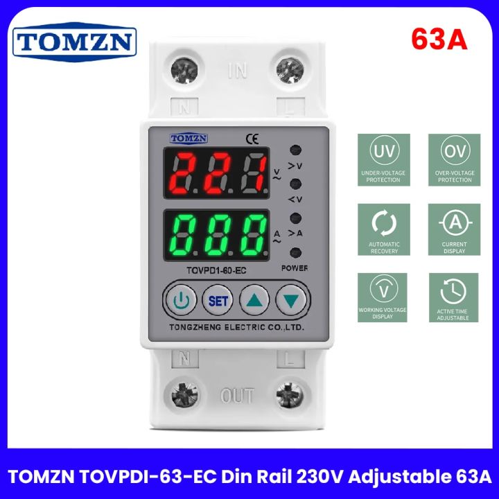 TOMZN 63A Din Rail Adjustable Din Rail Voltage Protector with Digital Color Display – Over Under Protection 63A 230V - TOVPD-60-EC