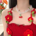 Goth Cherry Strawberry Pendant Pearl Beaded Necklace Sweet Cool Clavicle Chain Bayline. 