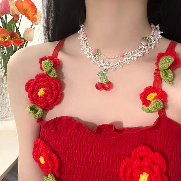 Goth Cherry Strawberry Pendant Pearl Beaded Necklace Sweet Cool Clavicle Chain Bayline